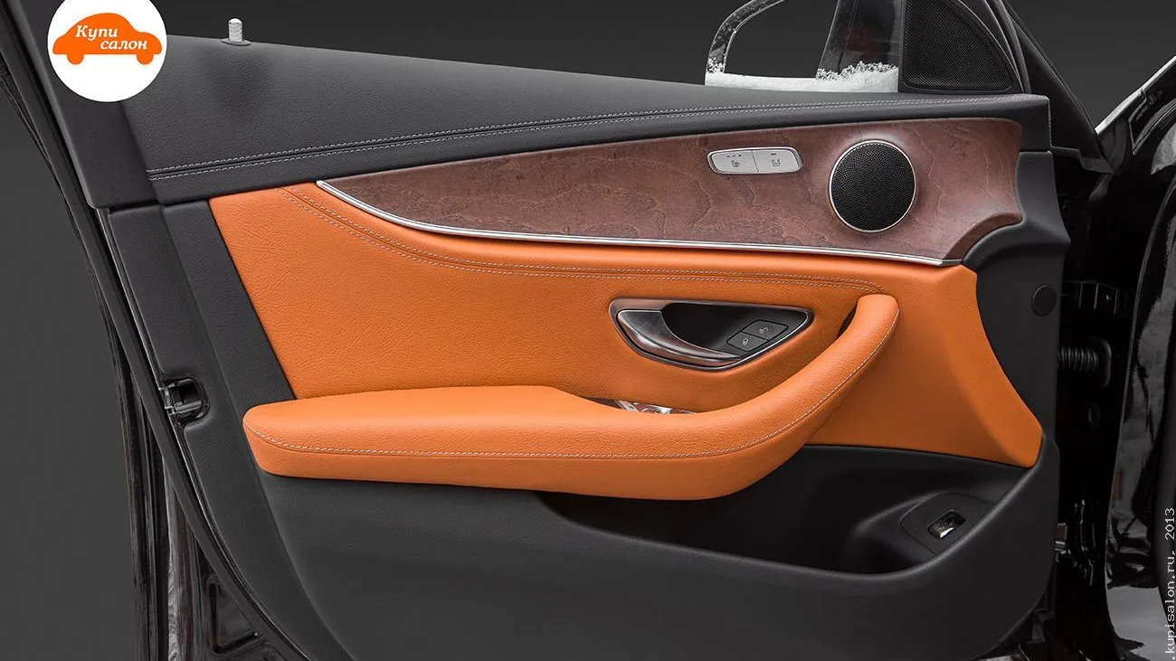 Перетяжка дверной карты, кожа оранжевая и черная, строчка